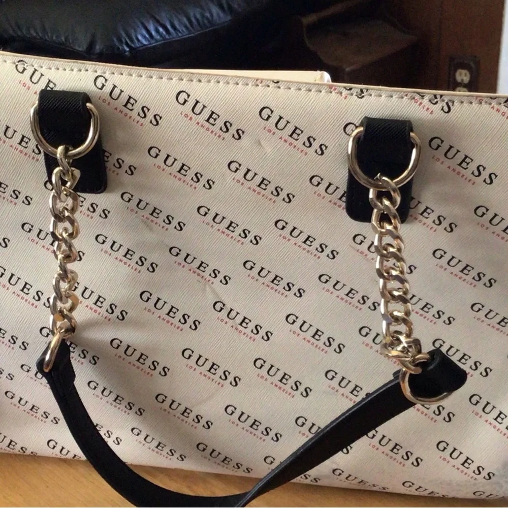 GUESS Logo Print Cream and Black Tote - Picture 2 of 8